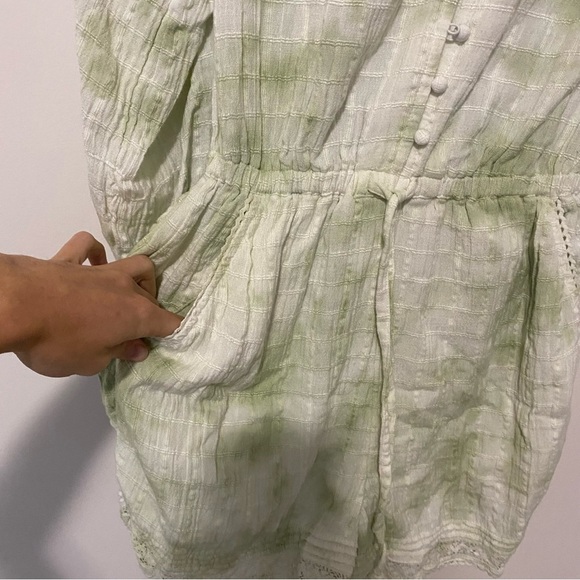 Aerie White and Green Tie Dye Button Front Linen Blend Romper Small - Picture 7 of 9